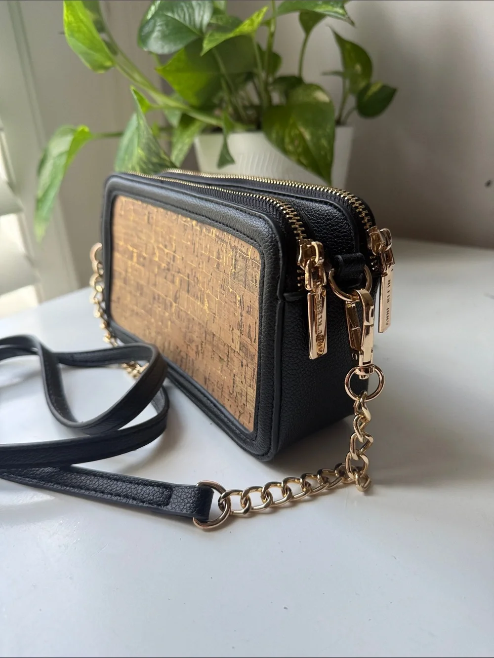 Anne Klein Gold Cork-Effect Crossbody Bag with Black Trim